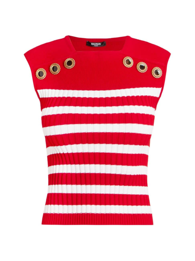 Balmain Button-embellished Striped Sleeveless Knitted Top In Red White