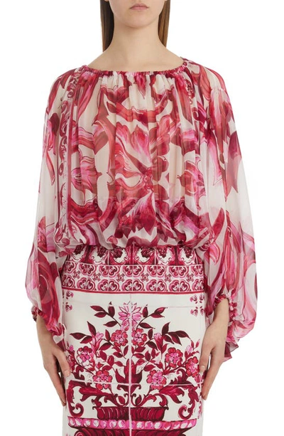 Dolce & Gabbana Fuchsia And White Blouse With Wide Sleeves And Majolica Print In Stretch Silk Woman In Tris Maioliche Fuxia