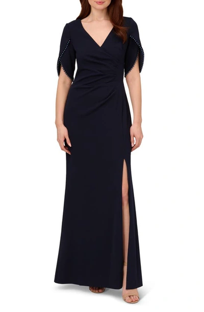 Adrianna Papell Imitation Pearl Trim Crepe Gown In Midnight