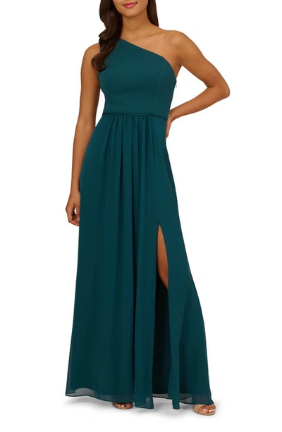 Adrianna Papell One-shoulder Georgette Gown In Hunter