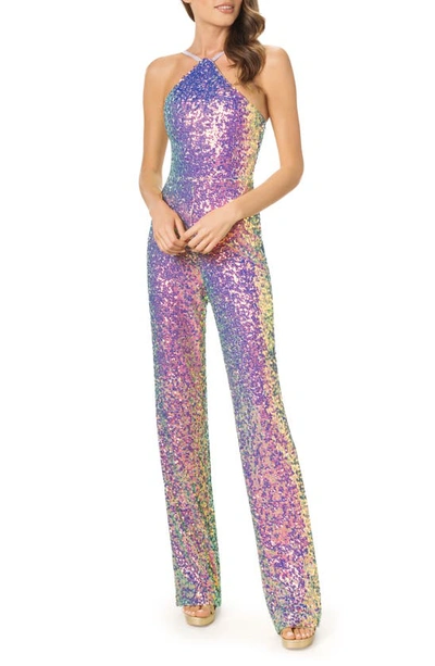 Dress The Population Darian Sequin Halter Neck Jumpsuit In Purple