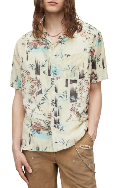 Allsaints Tagise Relaxed Fit Tiger Print Short Sleeve Cotton Button-up Shirt In Cala White