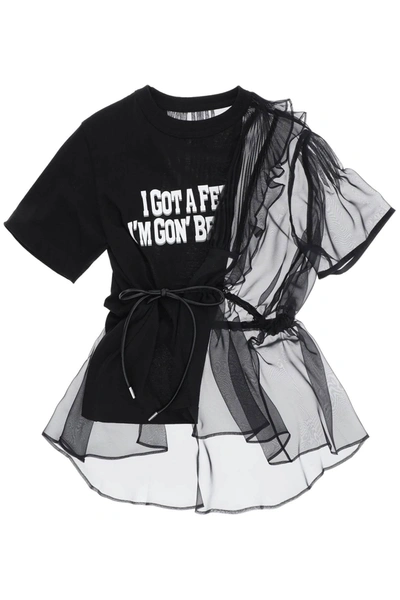 Sacai T-shirt With Print And Chiffon Insert In Black