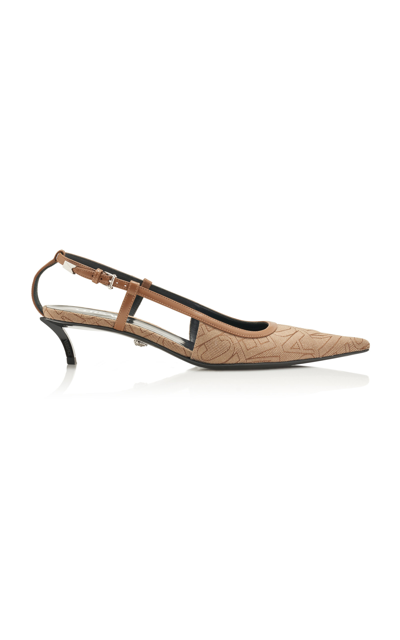 Versace Leather-trimmed Logo-jacquard Canvas Slingback Pumps In Brown