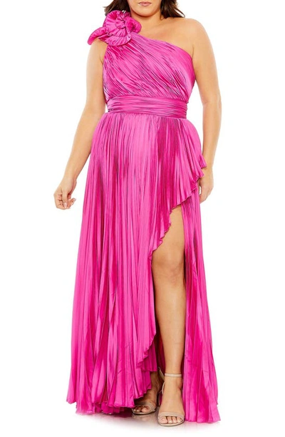 Fabulouss By Mac Duggal Rosette One-shoulder Pleated Gown In Hot Pink