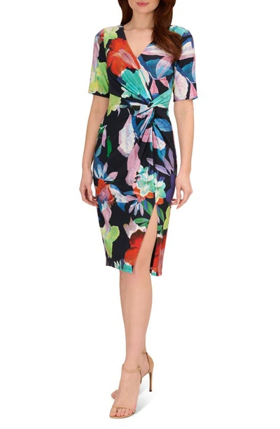 Adrianna Papell Floral Twist Front Jersey Sheath Dress In Dark Navy Multi