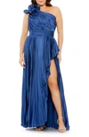 Fabulouss By Mac Duggal Rosette One-shoulder Pleated Gown In Sapphire