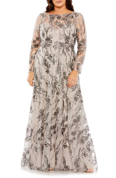 Fabulouss By Mac Duggal Floral Sequin Embroidered Long Sleeve A-line Dress In Taupe