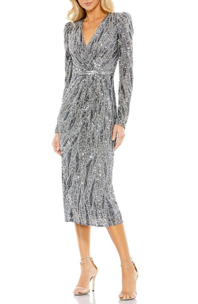Mac Duggal Embellished Faux Wrap Puff Sleeve Midi Dress In Charcoal