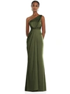 Dessy Collection One-shoulder Draped Twist Empire Waist Trumpet Gown In Olive Green