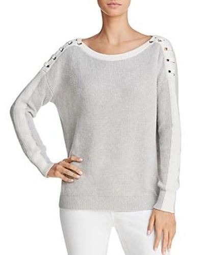 Minnie Rose Lace-up Shoulder Sweater In Heather Gray/white