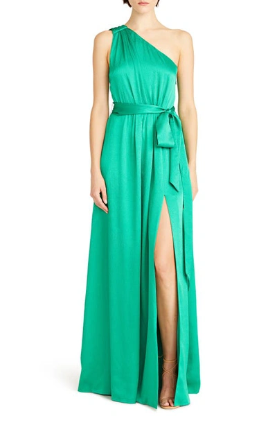 ml Monique Lhuillier Ivy One-shoulder Satin Gown In Malachite