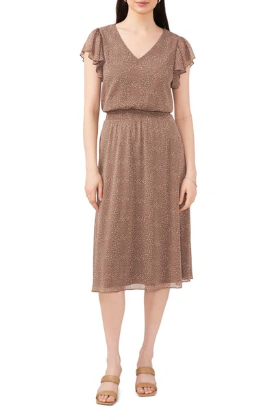 Chaus Dot Print Smock Waist Flutter Sleeve Midi Dress In Mocha/ White 229