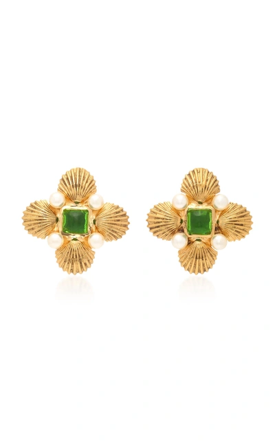 Gripoix Byzantine Shell 24k Gold-plated Brass Pearl And Poured Glass Clip Earrings In Green