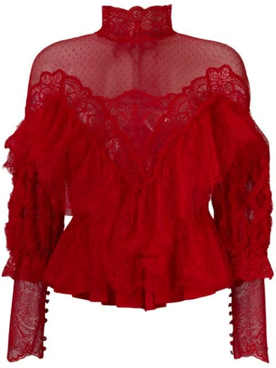 Amen Couture Ruffle Lace Blouse In Red