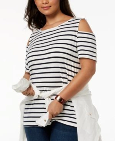 Tommy Hilfiger Plus Size Striped Cold-shoulder Top, Created For Macy's In Ivory/sky Captain