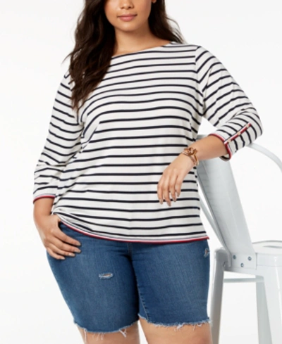 Tommy Hilfiger Plus Size Striped Top, Created For Macy's In Ivory/sky Captain