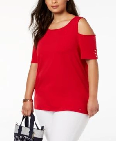 Tommy Hilfiger Plus Size Cold-shoulder Top, Created For Macy's In Scarlet