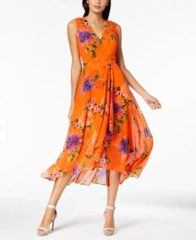 Calvin Klein Printed Chiffon Faux-wrap Dress, Regular & Petite Sizes In Orange Multi