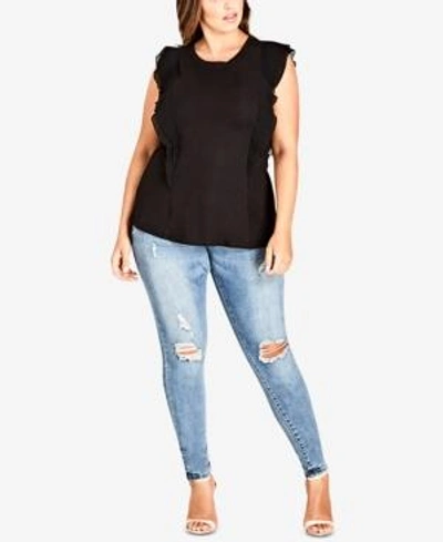 City Chic Trendy Plus Size Pleated Ruffle Top In Black