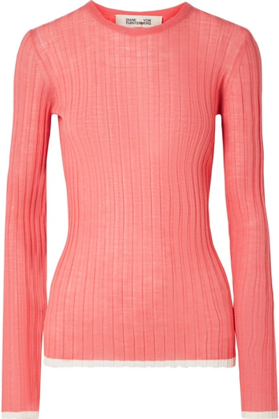 Diane Von Furstenberg Two-tone Ribbed Wool-blend Sweater In Coral