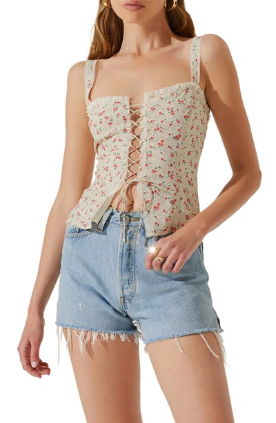 Astr Lace-up Camisole In Coral Cream Ditsy