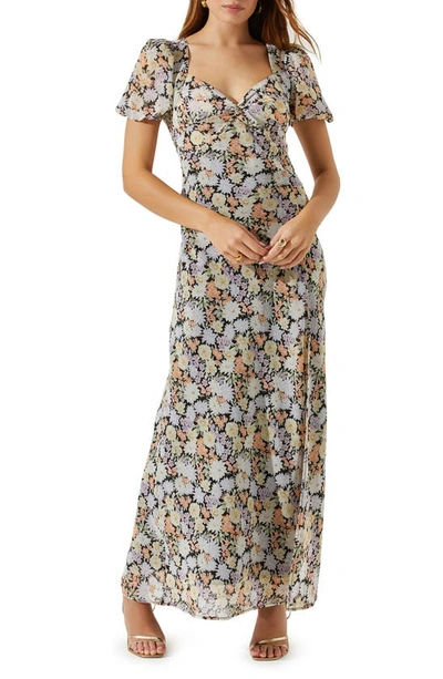 Astr Floral Sweetheart Neck Maxi Dress In Papaya Black Floral