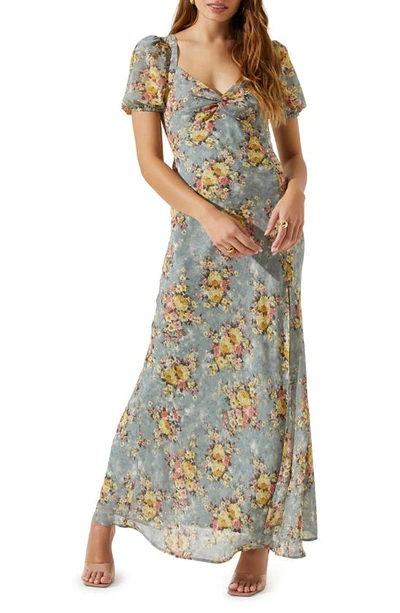 Astr Floral Sweetheart Neck Maxi Dress In Slate Blue Yellow Floral