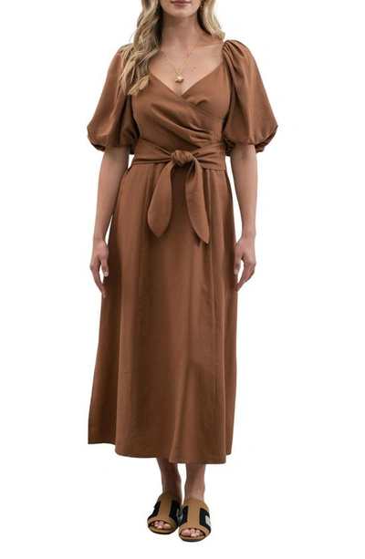 Zoe And Claire Puff Sleeve A-line Dress In Brown