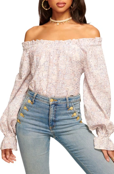 Ramy Brook Camila Eyelet Off The Shoulder Top In Flax Sequin