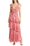 Hutch Miah Floral Tiered Ruffle Gown In Pink