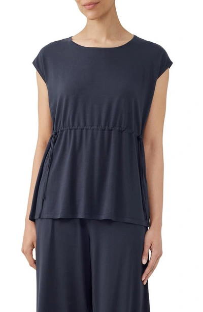 Eileen Fisher Cap-sleeve Drawstring Jersey Knit Top In Navy