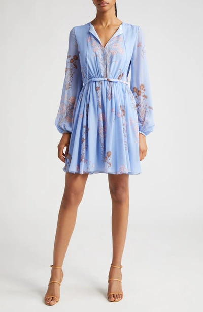 Giambattista Valli Floral-print Belted Dress With Keyhole Front In Light Blue/rose