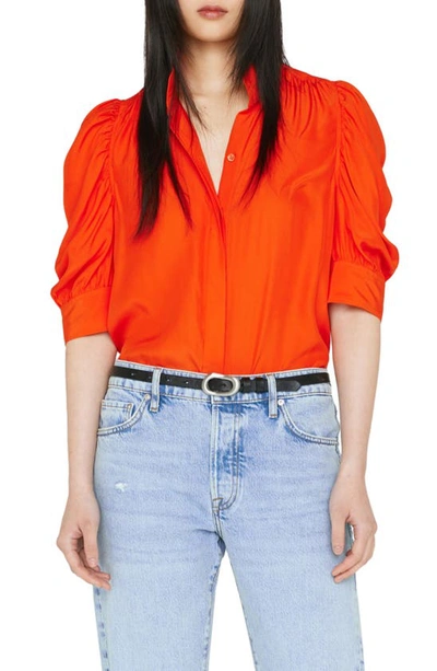 Frame Gillian Silk Ruched Sleeve Top In Red Orange