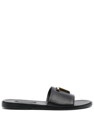 Tom Ford Logo Smooth Leather Sandals In Black