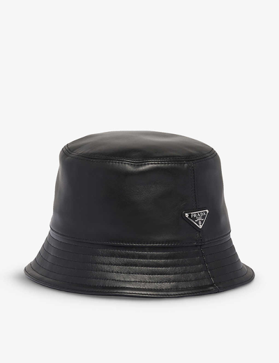 Prada Leather Logo Plaque Bucket Hat In Black