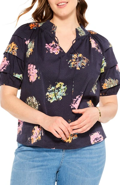 Nic + Zoe Bright Spot Smocked Neck Top In Indigo Multi