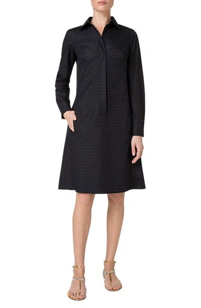 Akris Punto Perforated Pin Dot Long Sleeve Cotton Poplin Shirtdress In 009 Black
