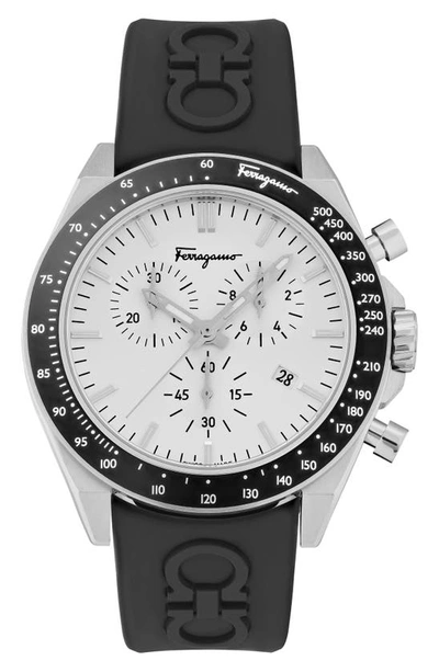 Ferragamo Chronograph Silicone Strap Watch, 43mm In White/black