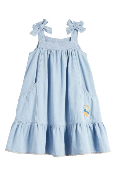 Zimmermann Kids' Halcyon Bow Strap Cotton Chambray Dress In Misty Blue