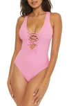 Becca Modern Edge Plunge Lace-up Ribbed One-piece Swimsuit In Rosy