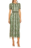 Mac Duggal High Neck Short Sleeve Crystal Fringe Column Dress In Sage