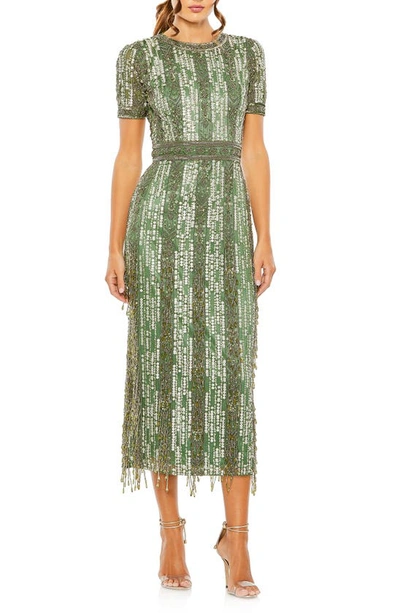 Mac Duggal High Neck Short Sleeve Crystal Fringe Column Dress In Sage
