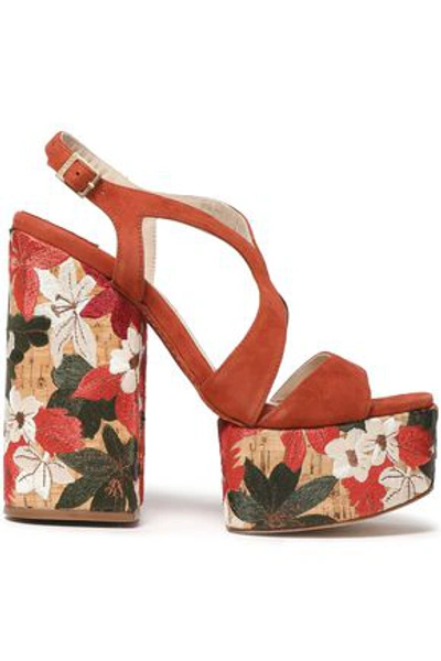 Paloma Barceló Woman Suede And Embroidered Cork Platform Sandals Tan