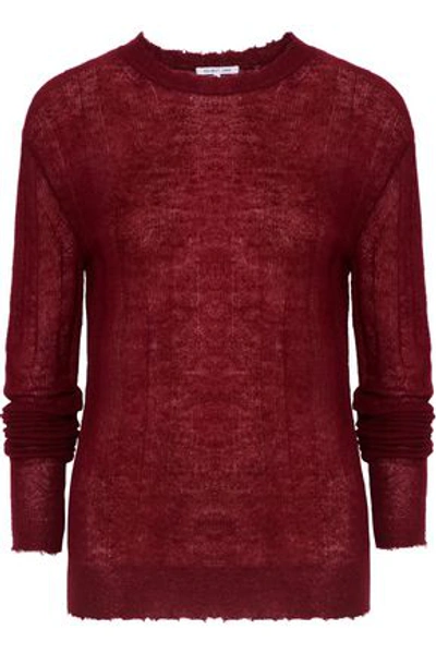 Helmut Lang Distressed Ribbed-knit Sweater In Burgundy