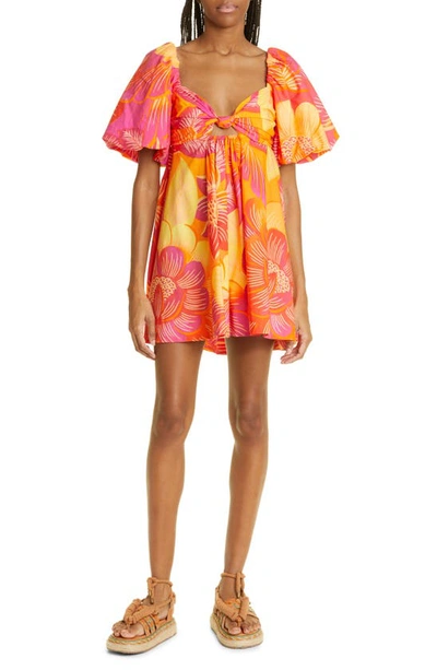 farm rio summer garden cotton mini dress Farm Rio Garden Puff Sleeve Cutout Cotton Dress In Summer Garden Ombre