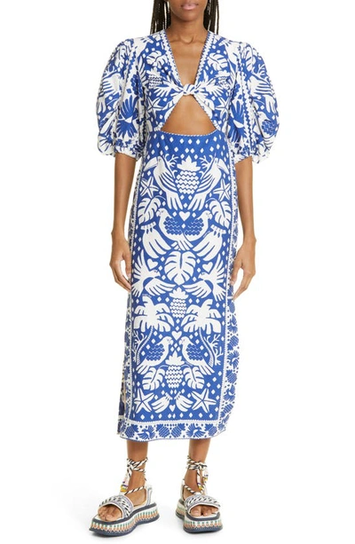 farm rio blue cutout dress Farm Rio Light Blue Embroidery Short Sleeve Midi Dress Light Blue / M