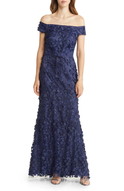 Eliza J Off The Shoulder 3d Floral Gown In Navy