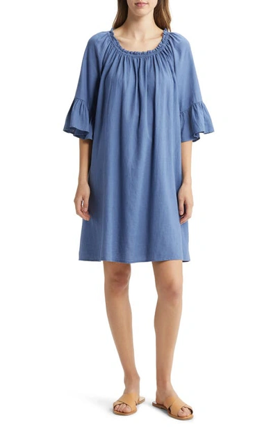 Caslon Ruffle Neck Linen Blend Shift Dress In Blue Moonlight