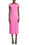 Alexander Mcqueen Off The Shoulder Knit Midi Dress In 6092 Pink/ White